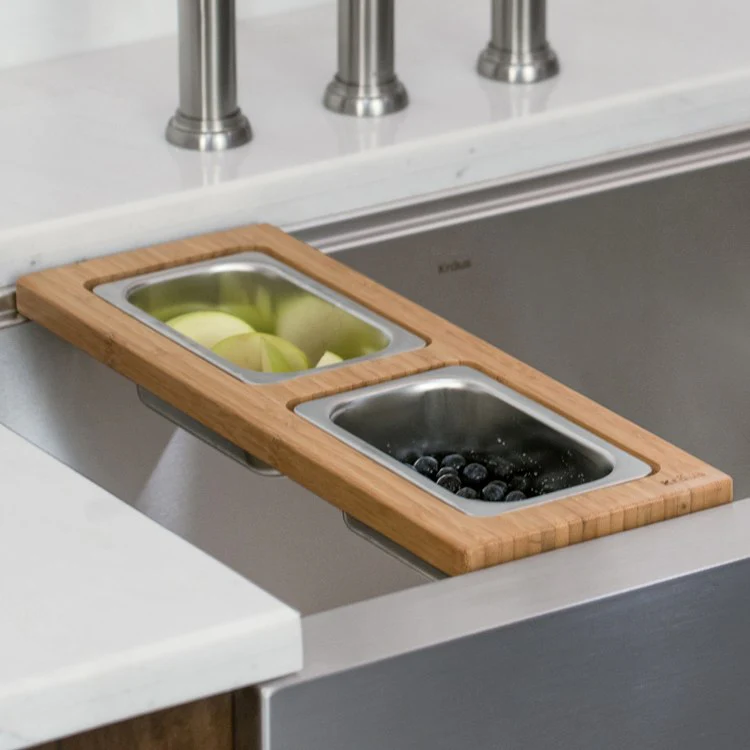 Workstation Kitchen Sink Serving Board Set with Rectangular Stainless Steel Bowls - Frankwebs