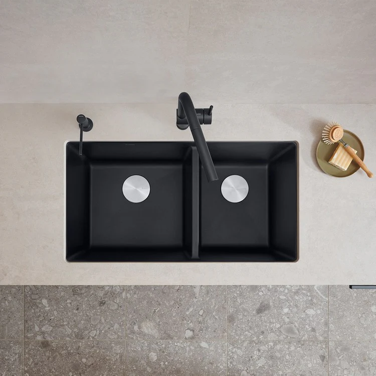 Kitchen Sink Precis 33 x 18 Inch Double Bowl 1-3/4 Bowl Coal Black Undermount Rectangle Silgranit - Frankwebs