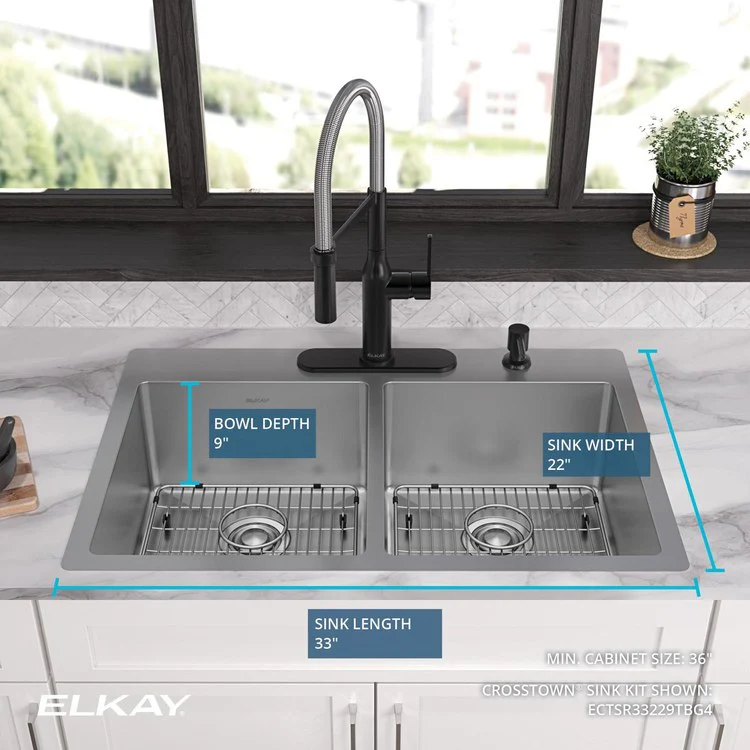 Kitchen Sink Crosstown 33 x 22 Inch Double Bowl Equal Kit 4 Hole Polished Satin Drop-In Undermount - Frankwebs