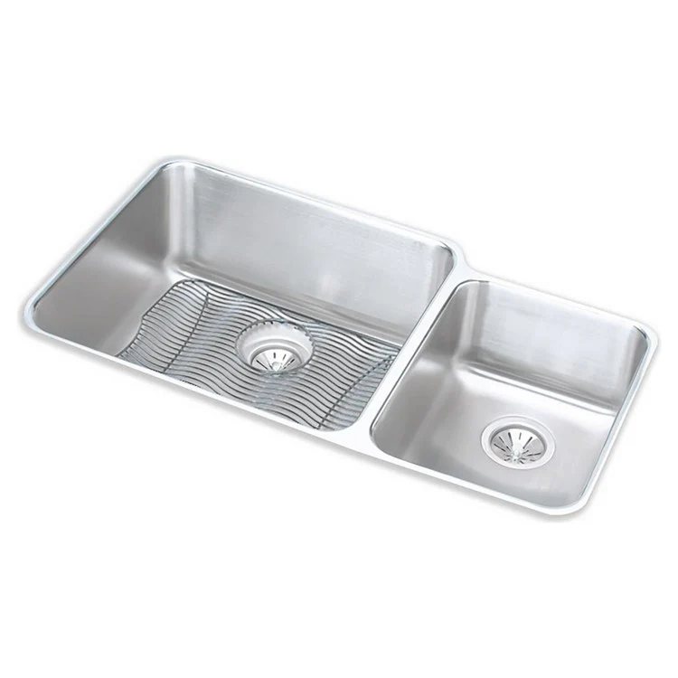 Kitchen Sink Lustertone Classic 35 x 20.5 Inch Double Bowl Kit Offset 60/40 Lustrous Highlighted Satin Undermount - Frankwebs