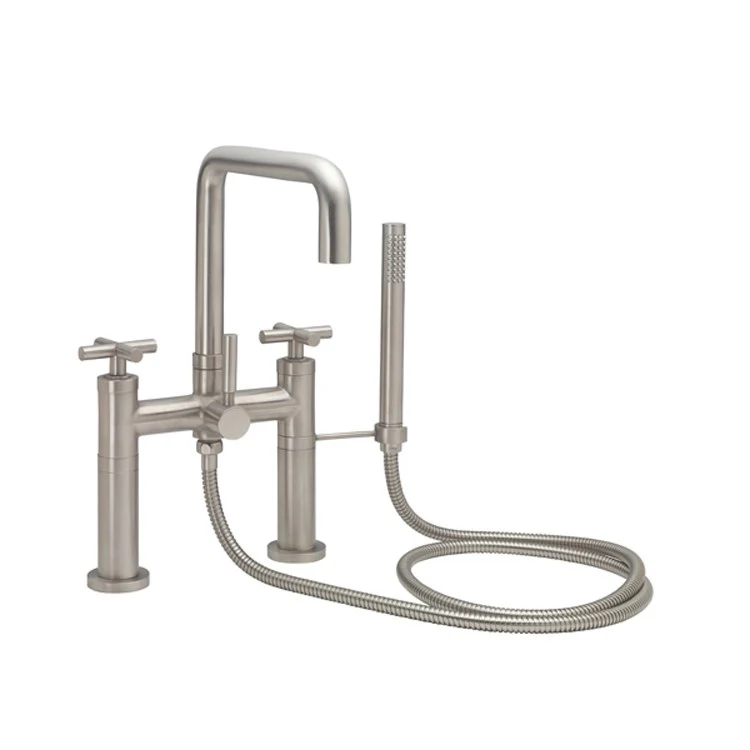 Tub Filler Bolsa Contemporary Deck Mount with Handshower 7 Inch Spread 3 Series 65 Cross Satin Nickel 2 Hole - Frankwebs