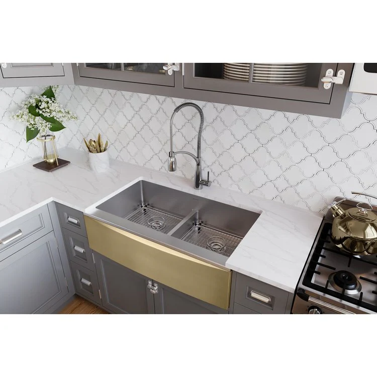 Kitchen Sink Crosstown 36 x 20.25 Inch Double Bowl Kit with Aqua Divide Polished Satin Farmhouse - Frankwebs