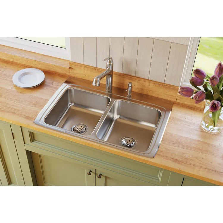 Kitchen Sink Lustertone Classic 33 x 22 Inch Double Bowl Equal Lustrous Satin Drop-In Stainless Steel Drain Location Center Sides and Bottom Pads - Frankwebs