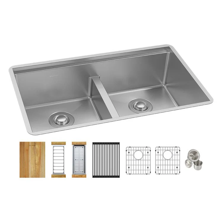 Kitchen Sink Crosstown 31.5 x 18.5 Inch Double Bowl Equal Kit with Aqua Divide Polished Satin Undermount - Frankwebs