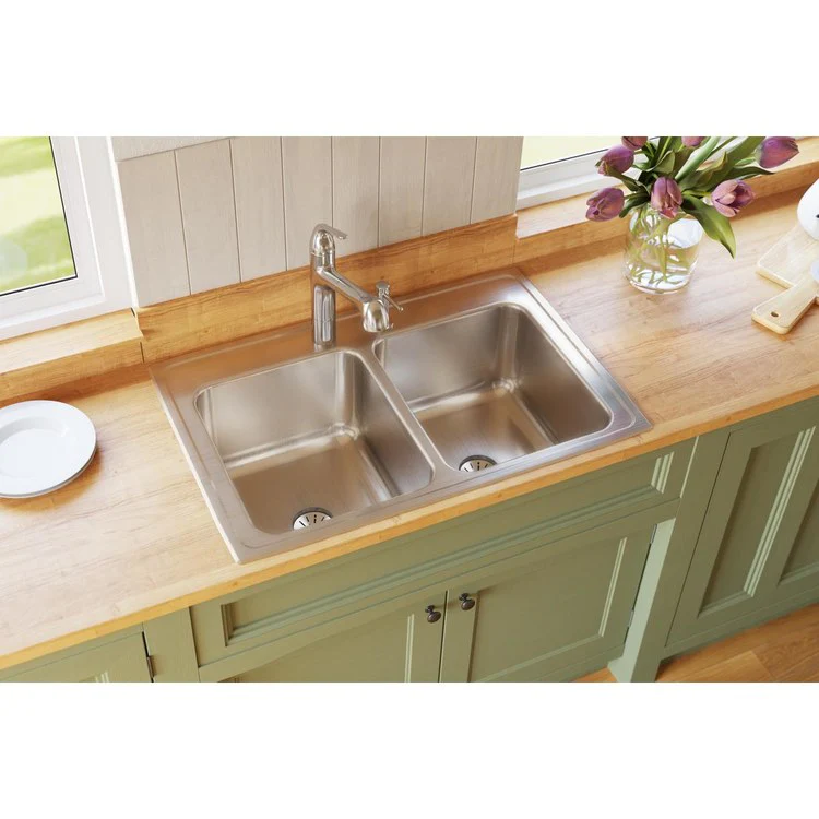 Kitchen Sink Lustertone Classic 33 x 22 Inch Double Bowl Equal with Perfect Drain MR2 Hole Lustrous Satin Drop-In 10-1/8 Inch - Frankwebs