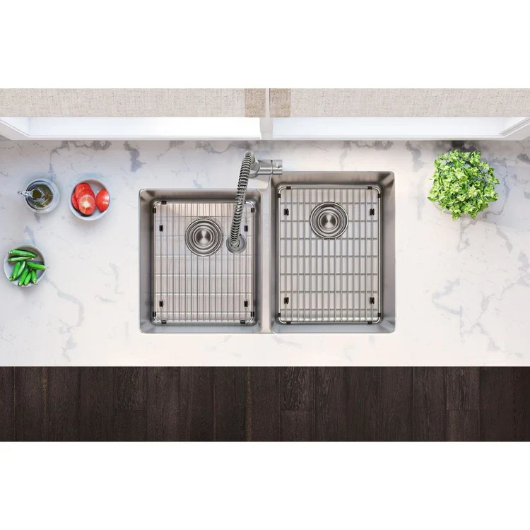 Sink Kit Lustertone Iconix Left Small Bowl 31.25 x 20.5 Inch Double Bowl Luminous Satin One EBG1216 Bottom Grid One EBG1214 Bottom Grid Two LKDD Drain and Strainers - Frankwebs