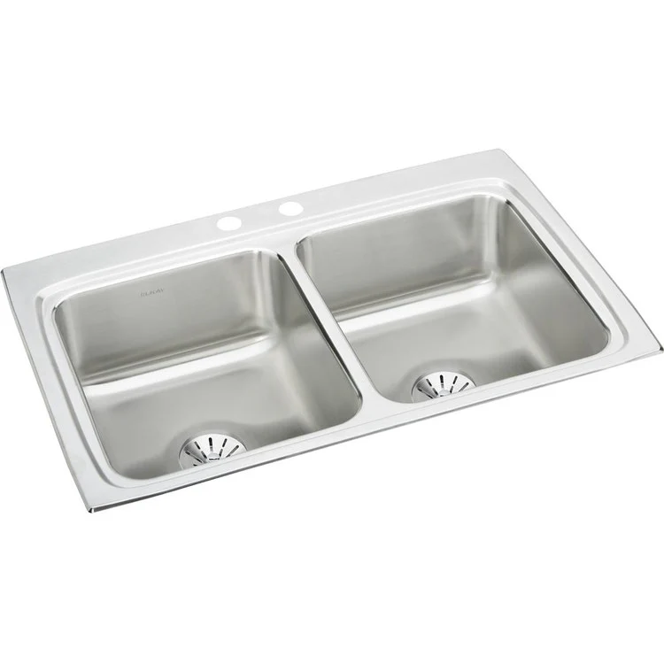 Kitchen Sink Lustertone Classic 33 x 22 Inch Double Bowl Equal with Perfect Drain 2 Hole Lustertone Top Mount Stainless Steel Drain Location Center Side and Bottom Pads - Frankwebs