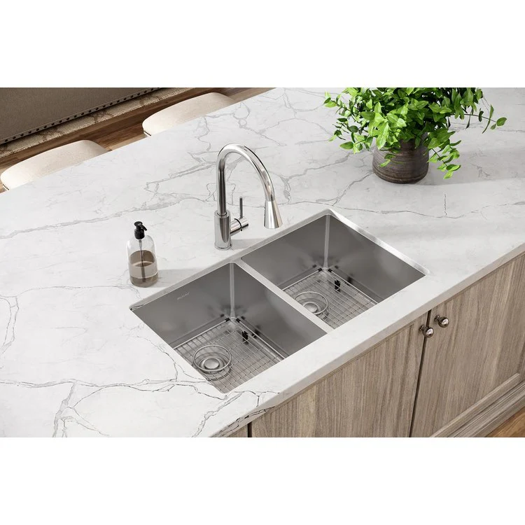 Sink Kit Crosstown 31.5 x 18.5 Inch Double Bowl Polished Satin Two Bottom Grids Two Deep Strainer Drains Cleanser Towel - Frankwebs