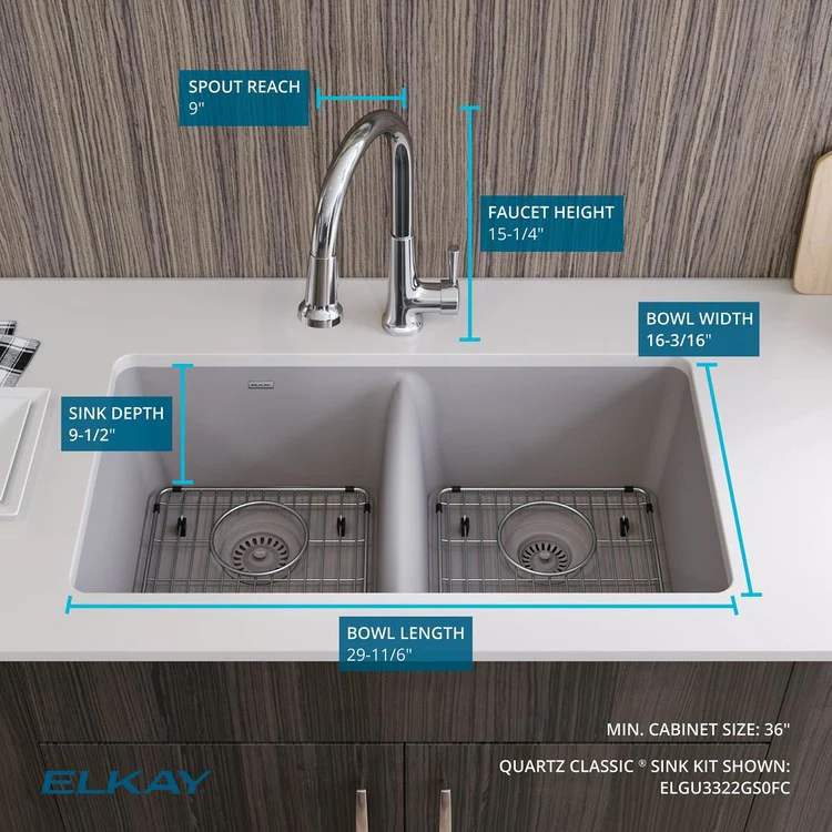 Kitchen Sink Quartz Classic 33 x 18.5 Inch Double Bowl Equal Kit with Faucet Mocha Undermount - Frankwebs