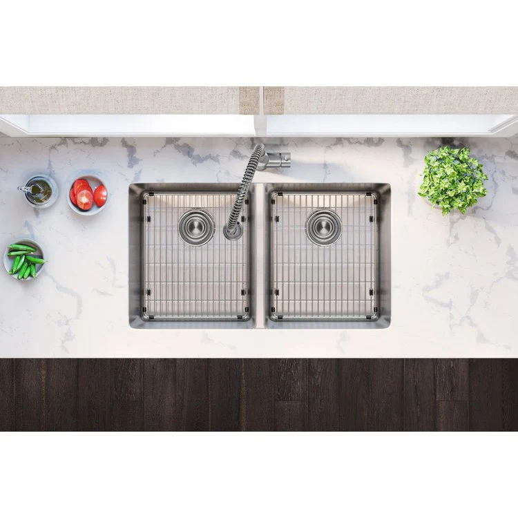 Sink Kit Lustertone Iconix 32.75 x 19.5 Inch Double Bowl Luminous Satin Two EBG1315 Bottom Grids Two LKDD Drain and Strainers - Frankwebs