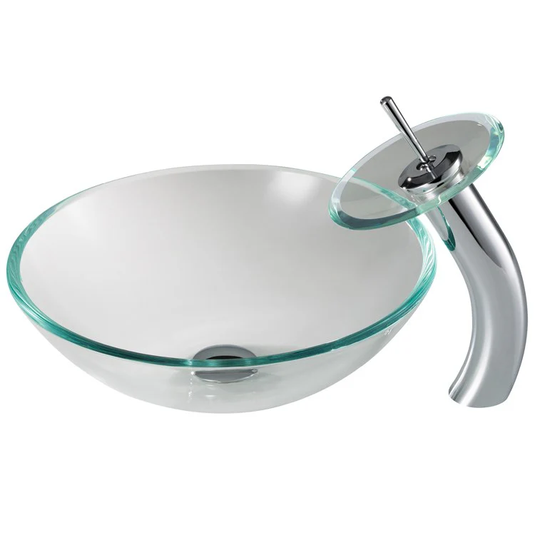 Crystal Clear Glass Bathroom Vessel Sink and Waterfall Faucet Combo Set with Disk and Pop-Up Drain - Frankwebs
