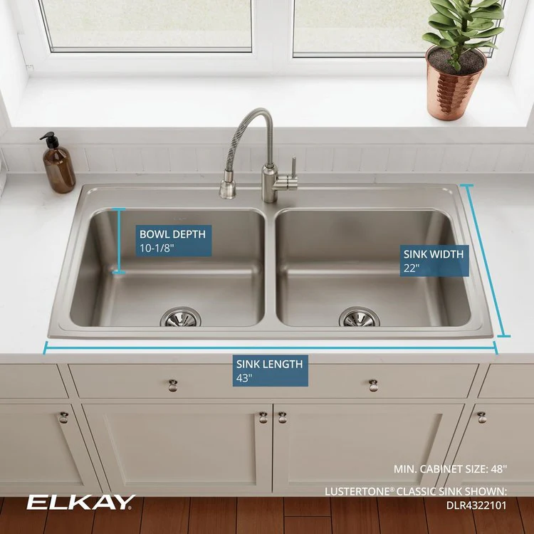 Kitchen Sink Lustertone Classic 43 x 22 Inch Double Bowl Equal 1 Hole Lustrous Satin Drop-In 10-1/8 Inch - Frankwebs