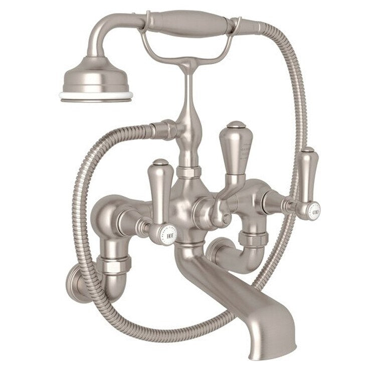 Tub Filler Georgian Era Exposed Wall Mount with Handshower 8 Inch Spread 3 White Porcelain Lever Fixed Spout English Bronze - Frankwebs
