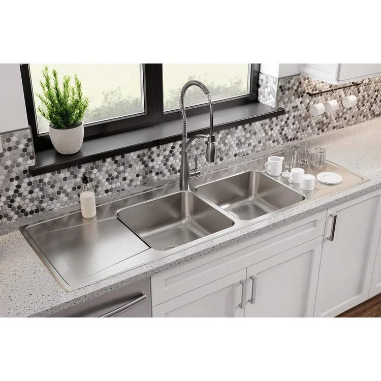 Kitchen Sink Lustertone Classic 66 x 22 Inch Double Bowl Equal with 2 Drain Board 1 Hole Lustrous Satin Drop-In - Frankwebs
