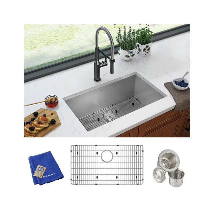 Sink Kit Crosstown 30.5 x 18.5 Inch Single Bowl Polished Satin Bottom Grid Strainer Drain Cleanser Towel Cloth Bag - Frankwebs