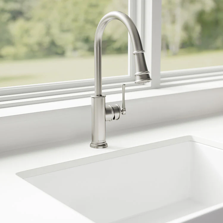 Kitchen Faucet Explore Deck Mount 1 Lever ADA Lustrous Steel Pull Down Spray 1 Hole Spout Height 17-7/8 Inch - Frankwebs