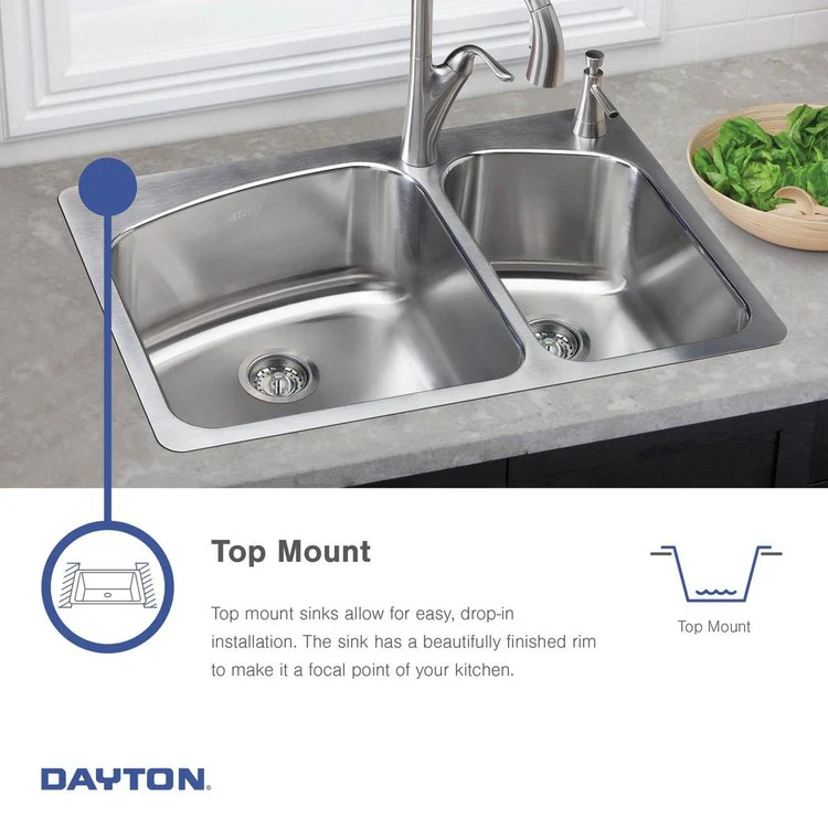 Kitchen Sink Dayton 33 x 19 Inch Double Bowl Equal Elite Satin Top Mount - Frankwebs