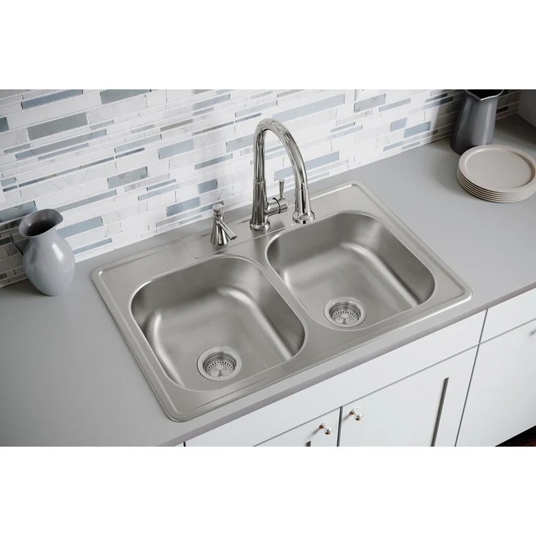Kitchen Sink Dayton 33 x 22 Inch Double Bowl Equal 2 Hole Satin Top Mount Drain Location Center Multiple of 50 Bottom Only Spray - Frankwebs