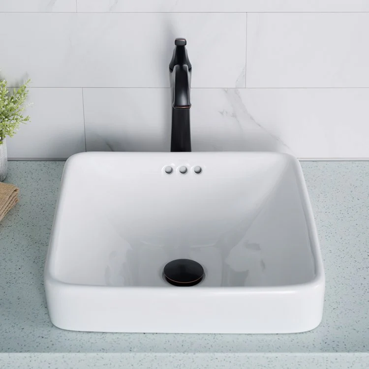 Elavo Square Semi-Recessed Vessel White Porcelain Bathroom Sink with Overflow, 16.5
