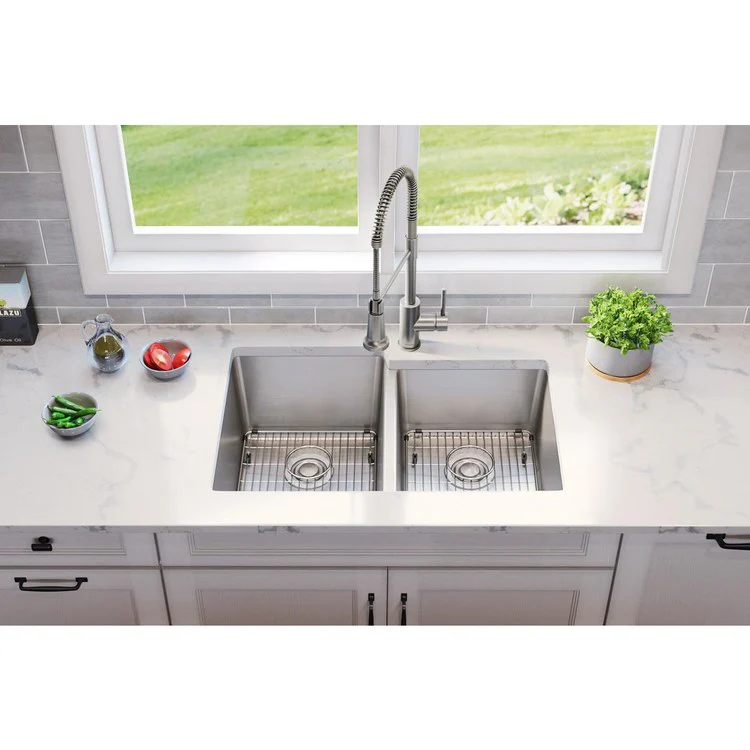 Sink Kit Lustertone Iconix Right Small Bowl 31.25 x 20.5 Inch Double Bowl Luminous Satin One EBG1216 Bottom Grid One EBG1214 Bottom Grid Two LKDD Drain and Strainers - Frankwebs