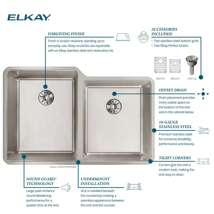 Sink Kit Lustertone Iconix Right Perfect Drain 31.25 x 20.5 Inch Double Bowl Luminous Satin One EBG1216 Bottom Grid One EBG1214 Bottom Grid Two LKPD1 Perfect Drain and Strainers - Frankwebs