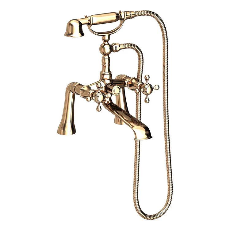 Tub Filler Victoria Exposed Deck Mount with Handshower 7-1/4 Inch Spread 2 Cross ADA Satin Brass PVD 2 Hole - Frankwebs