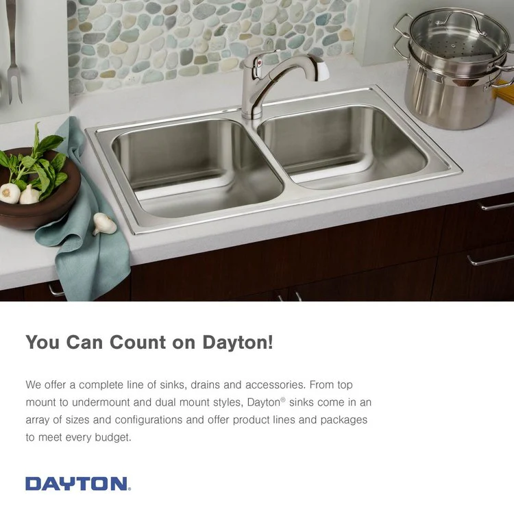 Kitchen Sink Dayton 33 x 21.25 Inch Double Bowl Equal 1 Hole ADA Satin Top Mount Rectangle Drain Location Center Depth 6-4/7 Inch Bottom Only Spray - Frankwebs