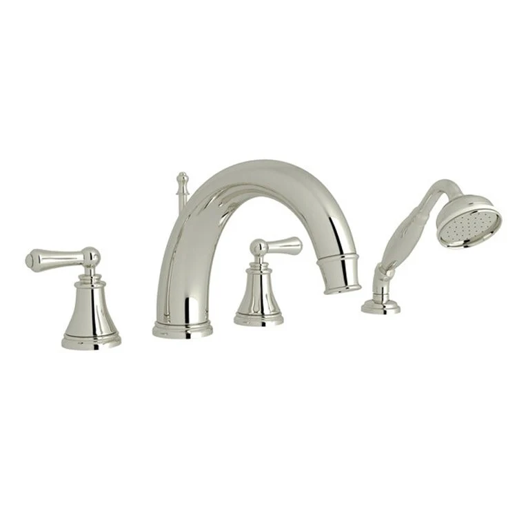 Tub Filler Georgian Era Deck Mount with Handshower 2 Lever High Neck Fixed C-Spout Satin Nickel - Frankwebs