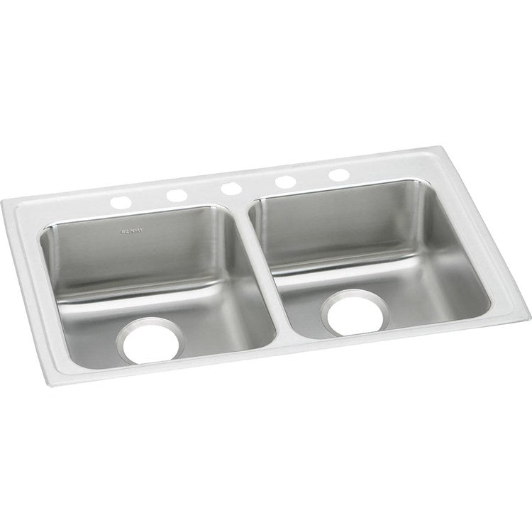 Kitchen Sink Lustertone Classic 33 x 21.25 Inch Double Bowl Equal 5 Hole ADA Lustrous Satin Drop-In Rectangle Drain Location Rear Center Depth 6 Inch Bottom Only Pads - Frankwebs