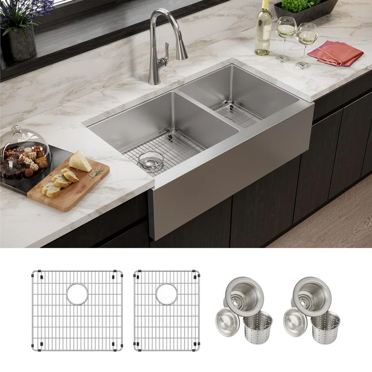 Sink Kit Crosstown Farmhouse 35.875 x 20.25 Inch Double Bowl Polished Satin Two Bottom Grids Two Strainer Drains - Frankwebs