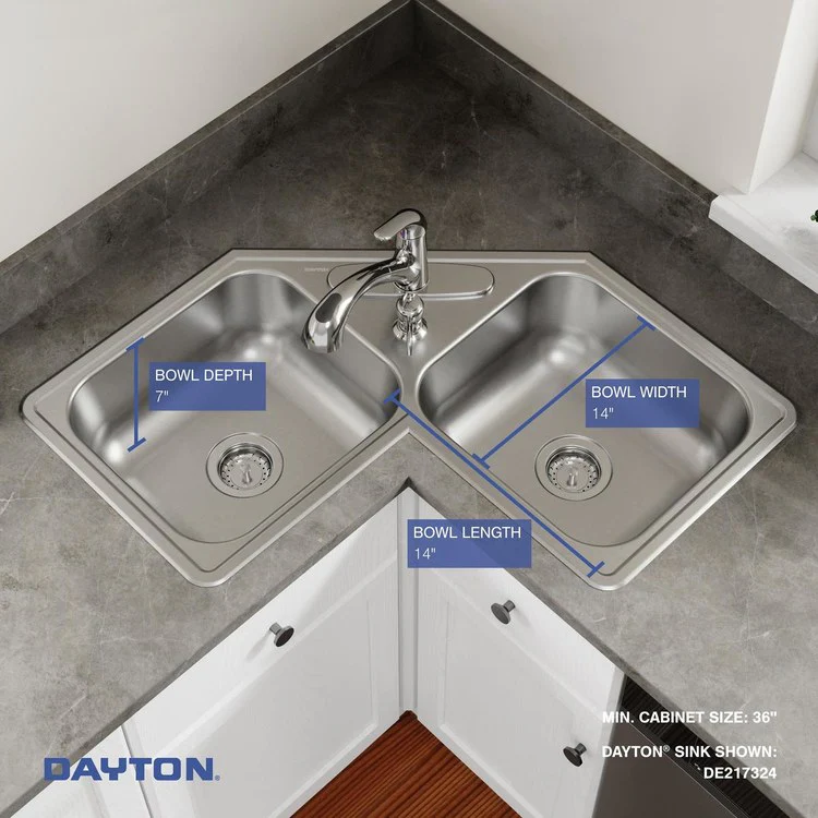 Kitchen Sink Dayton 32 x 32 Inch Double Bowl Equal Corner 4 Hole Elite Satin Corner - Frankwebs