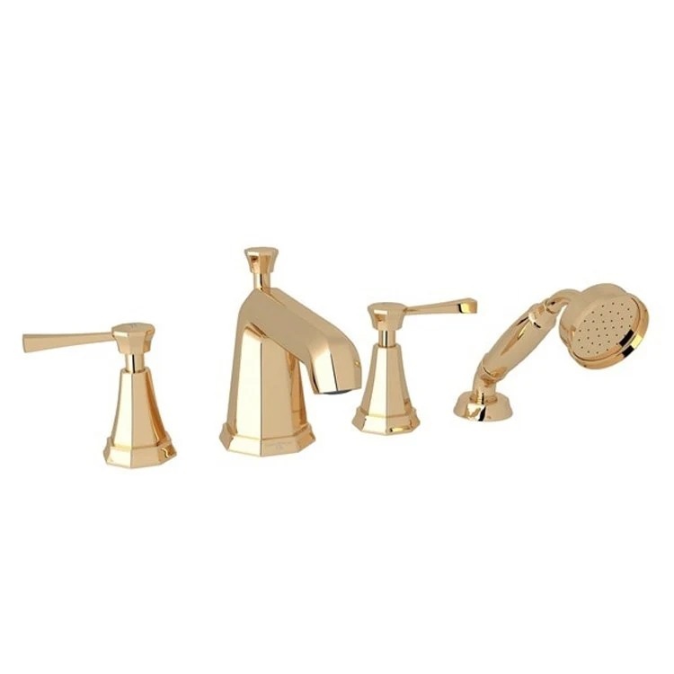 Tub Filler Deco Deck Mount with Handshower 2 Lever Fixed Spout English Gold - Frankwebs