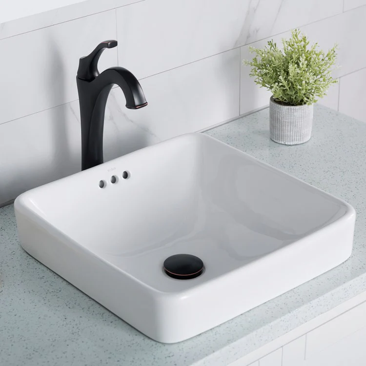 Elavo Square Semi-Recessed Vessel White Porcelain Bathroom Sink with Overflow, 16.5