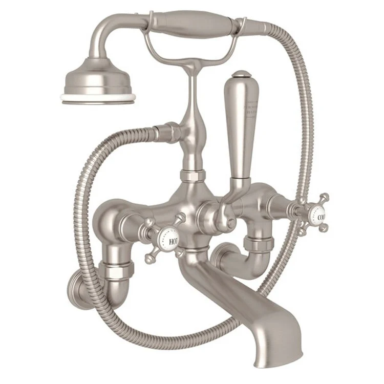 Tub Filler Georgian Era Exposed Wall Mount with Handshower 8 Inch Spread 3 Cross/Lever Fixed Spout Polished Chrome - Frankwebs