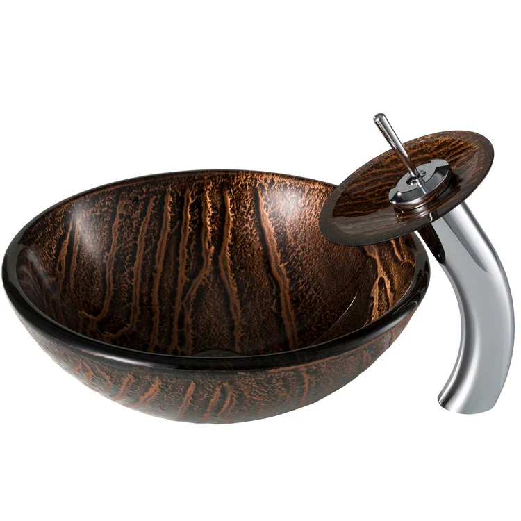 Nature Series Brown Glass Bathroom Vessel Sink and Waterfall Faucet Combo Set with Disk and Pop-Up Drain - Frankwebs