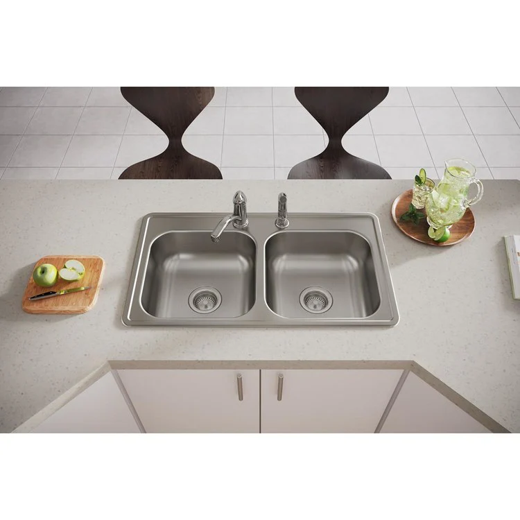 Kitchen Sink Dayton 33 x 19 Inch Double Bowl Equal 2 Hole ADA Satin Drop-In Rectangle Drain Location Center Depth 6-4/9 Inch Bottom Only Pads - Frankwebs
