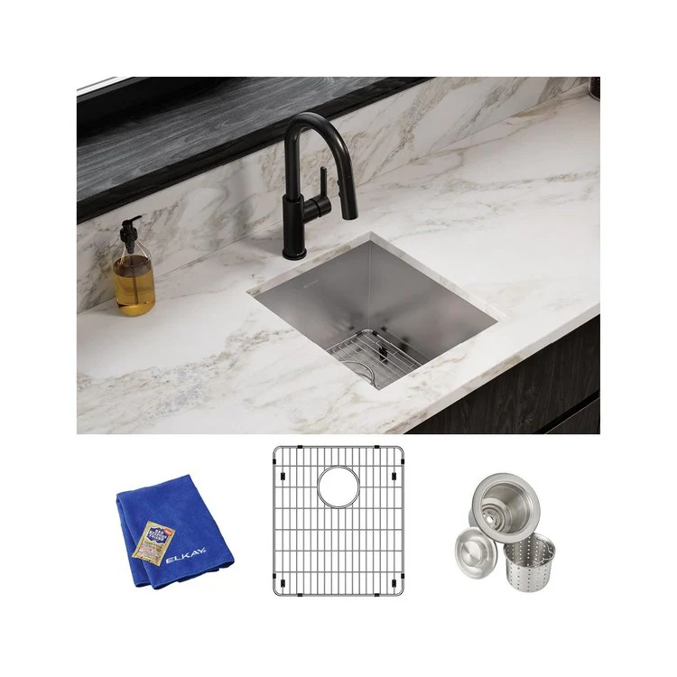 Sink Kit Crosstown 16 x 18.5 Inch Single Bowl Polished Satin Bottom Grid Strainer Drain Cleanser Towel Cloth Bag - Frankwebs