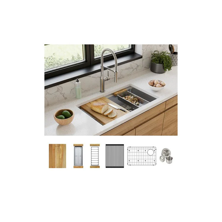 Sink Kit Crosstown Workstation 31.5 x 18.5 Inch Single Bowl Polished Satin Bottom Grid Colander Cutting Board Two Drying Racks Drain - Frankwebs