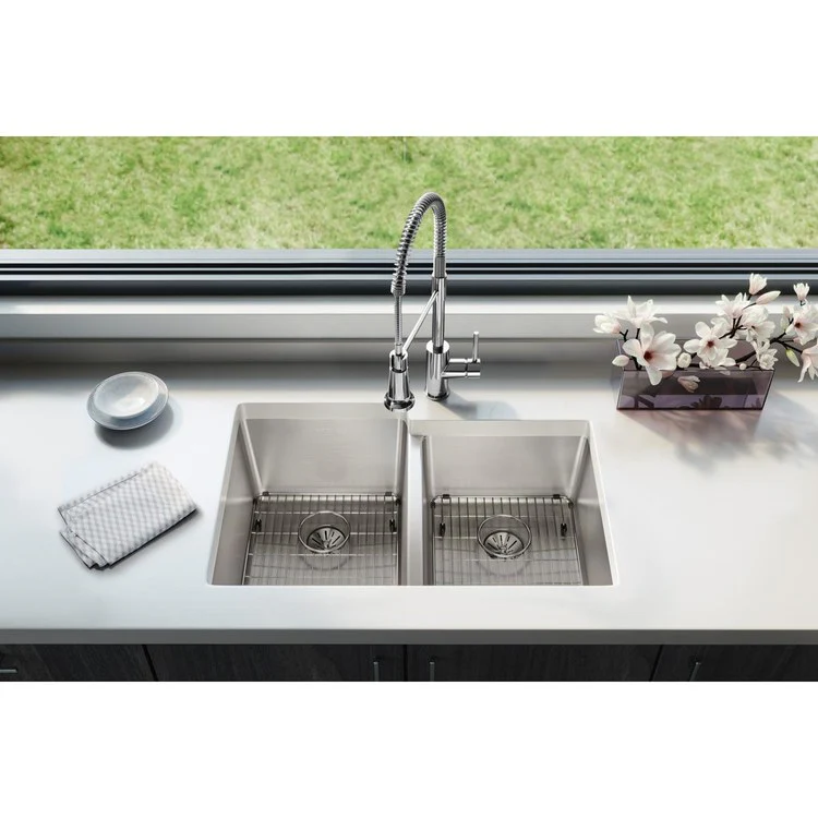 Sink Kit Lustertone Iconix Right Perfect Drain 31.25 x 20.5 Inch Double Bowl Luminous Satin One EBG1216 Bottom Grid One EBG1214 Bottom Grid Two LKPD1 Perfect Drain and Strainers - Frankwebs