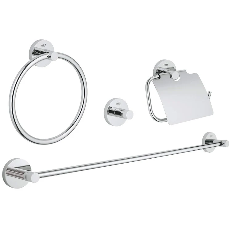 Accessory Set Essentials 4-in-1 Starlight Chrome 24 Inch Towel Rail Towel Ring Robe Hook Toilet Paper Holder 2-3/8 Inch - Frankwebs