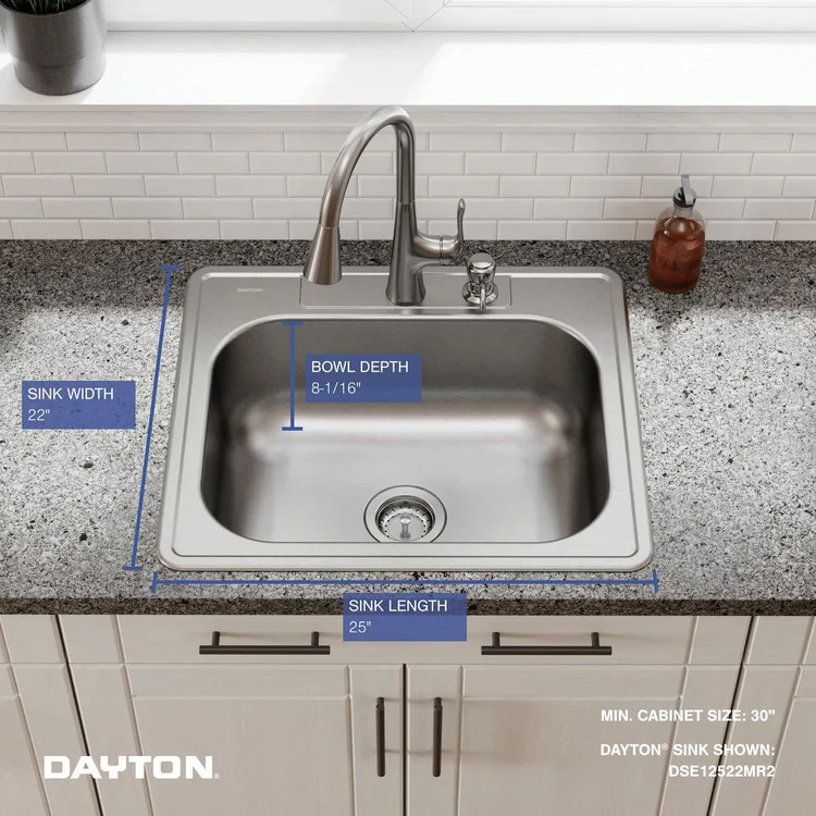 Kitchen Sink Dayton 25 x 22 Inch Single Bowl MR2 Hole Elite Satin Drop-In Drain Location Center Bottom Only Pads - Frankwebs