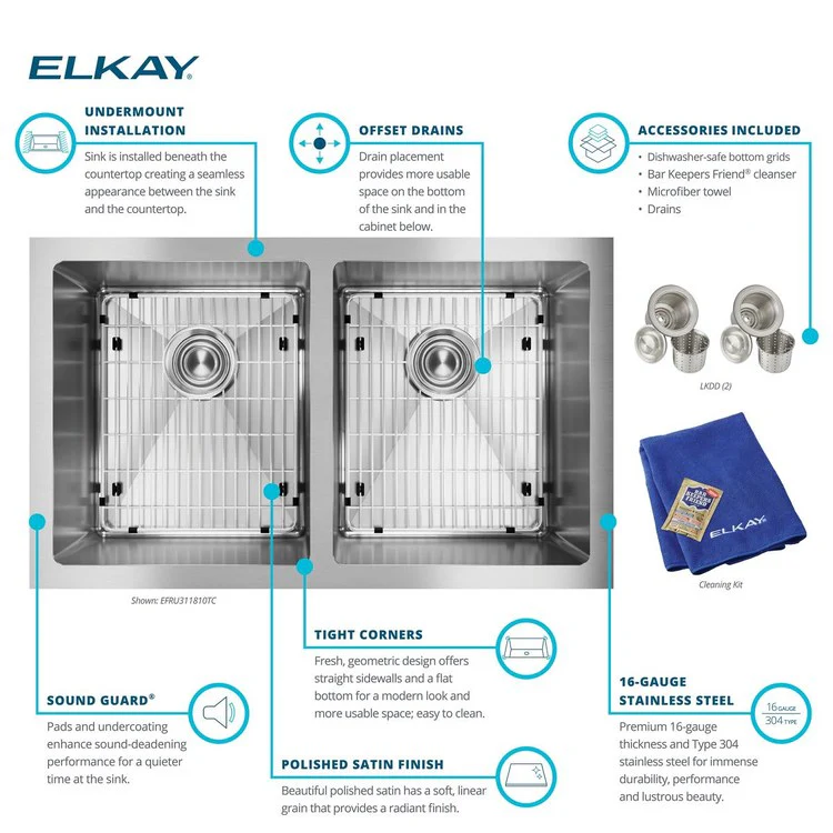 Sink Kit Crosstown Equal 30.75 x 18.5 Inch Double Bowl Polished Satin Two Bottom Grids Two Strainer Drains Cleanser Towel Cloth Bag - Frankwebs