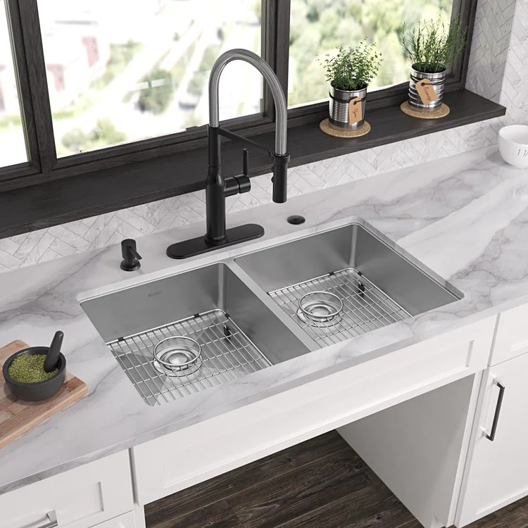 Kitchen Sink Crosstown 33 x 22 Inch Double Bowl Equal Kit 5 Hole ADA Polished Satin Drop-In Undermount Rectangle Drain Location Rear Center Depth 6 Inch Sound Guard Slim Rim - Frankwebs