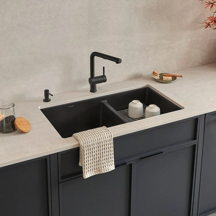 Kitchen Sink Precis 33 x 18 Inch Double Bowl 1-3/4 Bowl Coal Black Undermount Rectangle Silgranit - Frankwebs