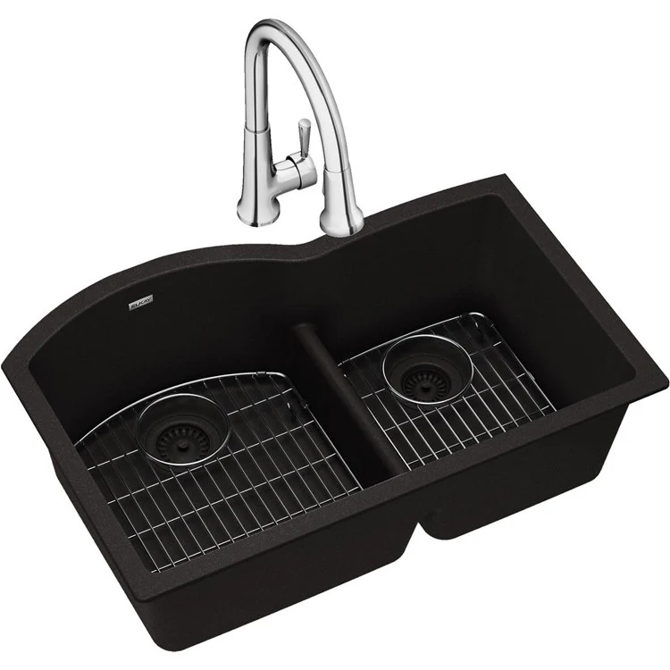 Kitchen Sink Quartz Classic 33 x 22 Inch Double Bowl Offset 60/40 Kit with Faucet & Aqua Divide Black Undermount - Frankwebs