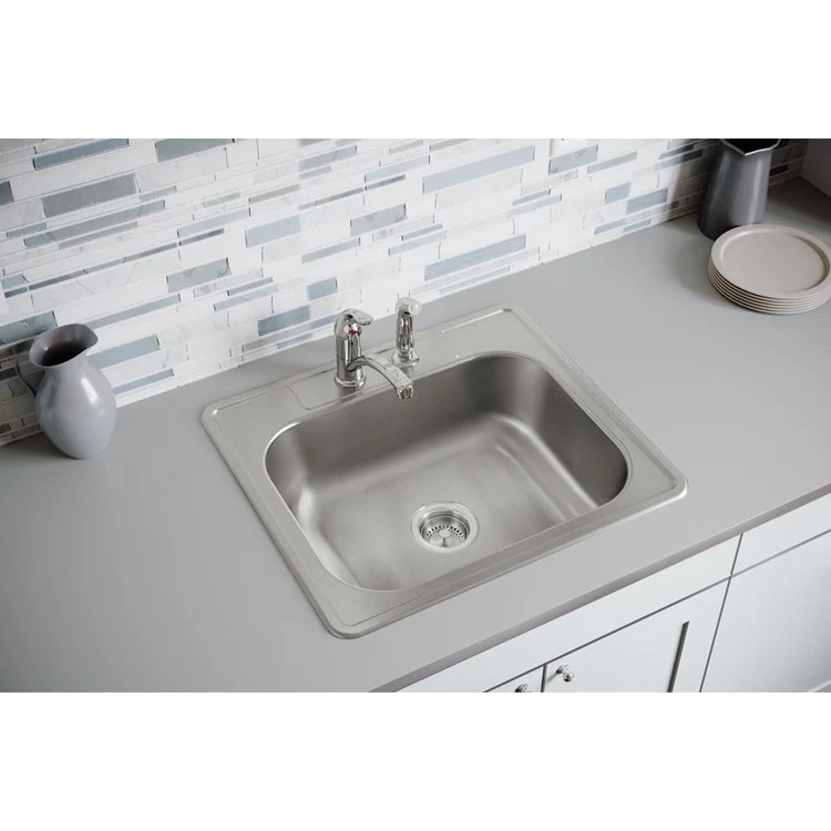 Kitchen Sink Dayton 25 x 22 Inch Single Bowl 2 Hole ADA Satin Drop-In Rectangle Drain Location Center Depth 6-4/7 Inch Multiple of 10 Bottom Only Pads - Frankwebs