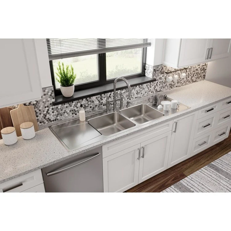 Kitchen Sink Lustertone Classic 66 x 22 Inch Double Bowl Equal with 2 Drain Board 4 Hole Lustrous Satin Drop-In - Frankwebs