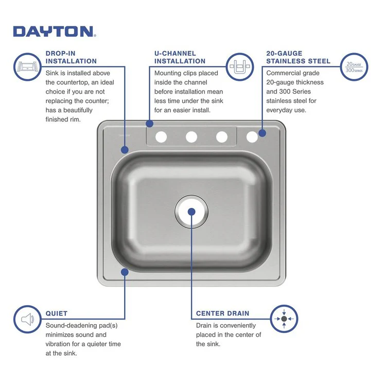 Kitchen Sink Dayton 25 x 22 Inch Single Bowl 4 Hole Elite Satin Drop-In Drain Location Center Bottom Only Pads - Frankwebs