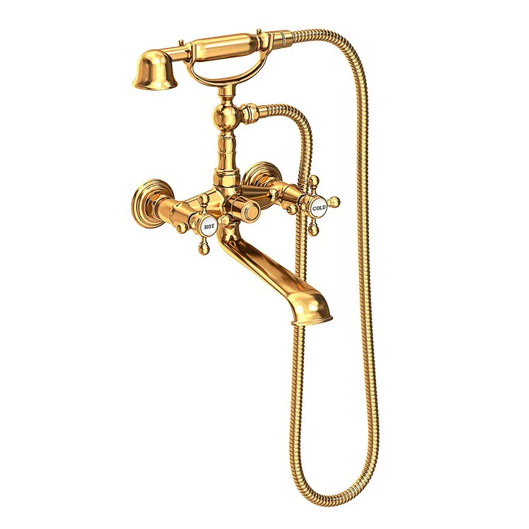 Tub Filler Chesterfield Wall Mount Exposed with Handshower 6 Inch Spread 2 Cross ADA Satin Gold PVD 2 Hole - Frankwebs