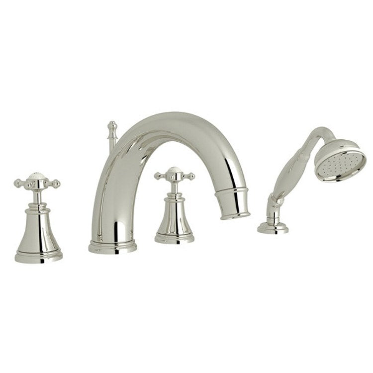 Tub Filler Georgian Era Deck Mount with Handshower 2 Cross C-Spout English Gold - Frankwebs